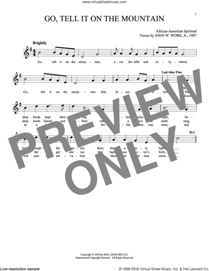 Go, Tell It On The Mountain sheet music for ocarina solo by John W. Work, Jr. and Miscellaneous, intermediate skill level