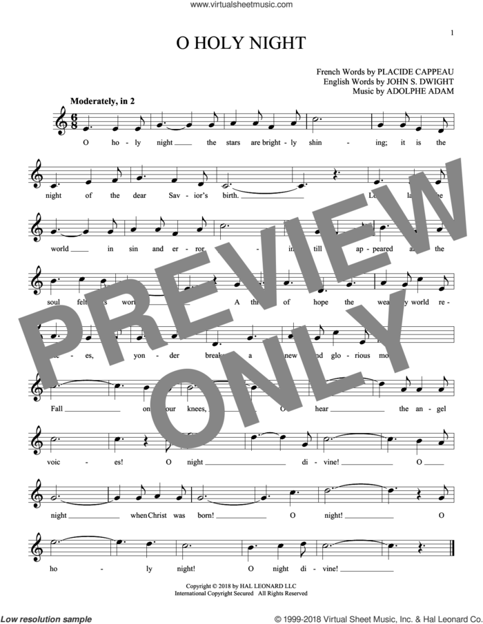 O Holy Night sheet music for ocarina solo by Adolphe Adam, John S. Dwight and Placide Cappeau  (French), intermediate skill level
