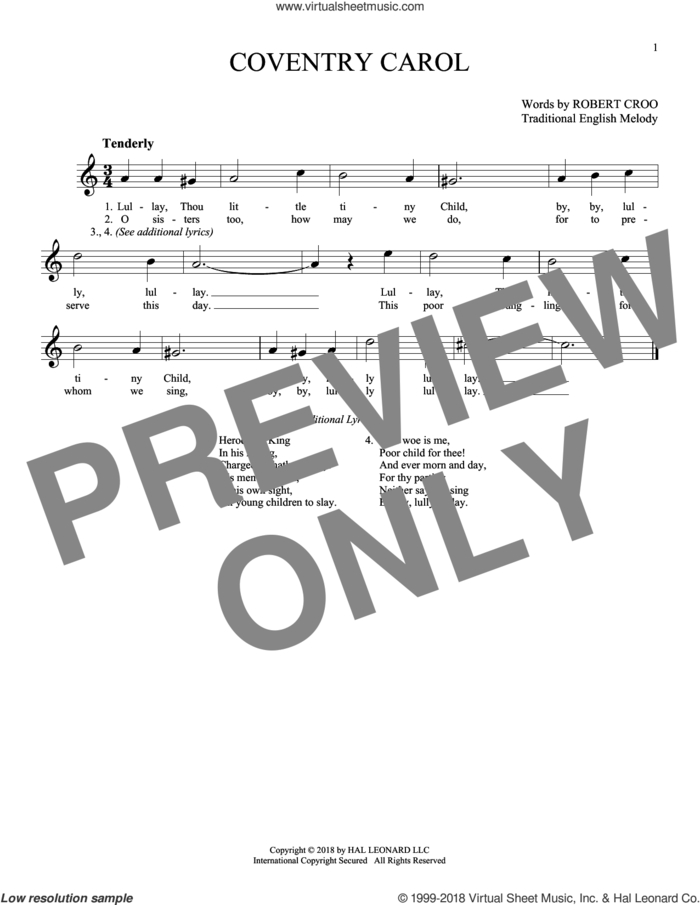 Coventry Carol sheet music for ocarina solo  and Robert Croo, intermediate skill level
