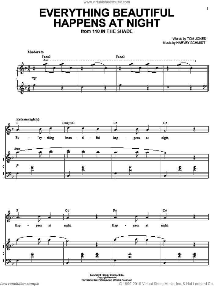 Everything Beautiful Happens At Night sheet music for voice and piano by Joan Frey Boytim, Harvey Schmidt and Tom Jones, intermediate skill level