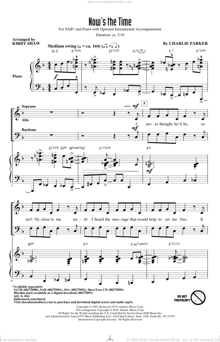 Now's The Time (arr. Kirby Shaw) sheet music for choir (SAB: soprano, alto, bass) by Charlie Parker and Kirby Shaw, intermediate skill level