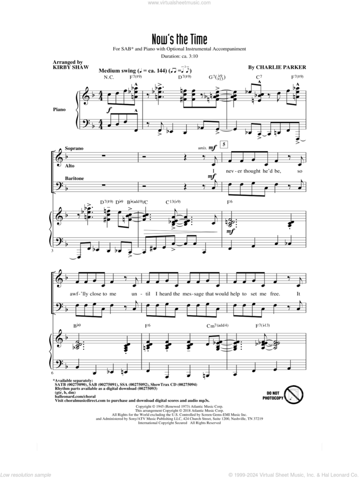 Now's The Time (arr. Kirby Shaw) sheet music for choir (SAB: soprano, alto, bass) by Charlie Parker and Kirby Shaw, intermediate skill level