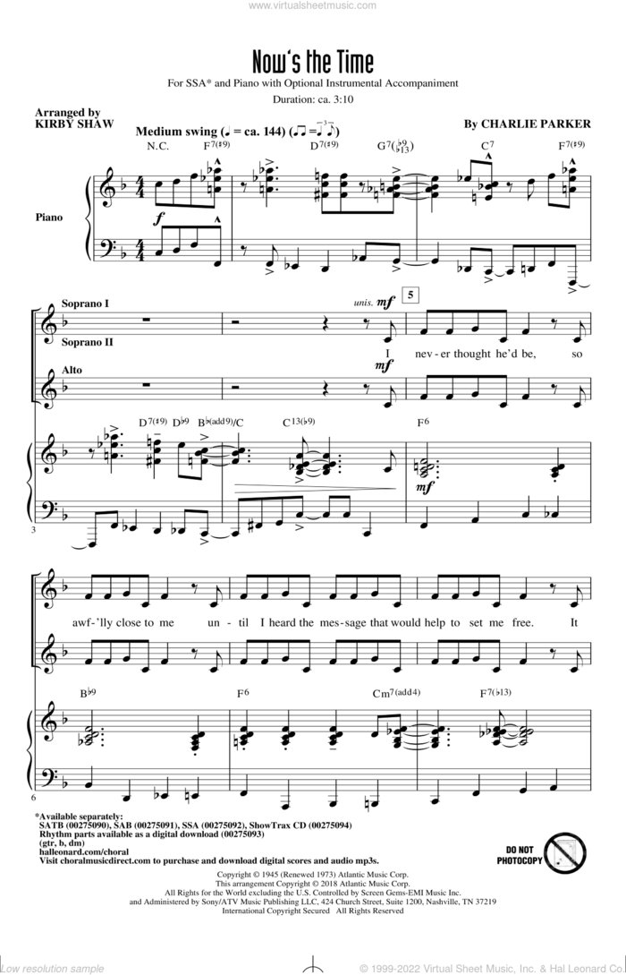 Now's The Time (arr. Kirby Shaw) sheet music for choir (SSA: soprano, alto) by Charlie Parker and Kirby Shaw, intermediate skill level