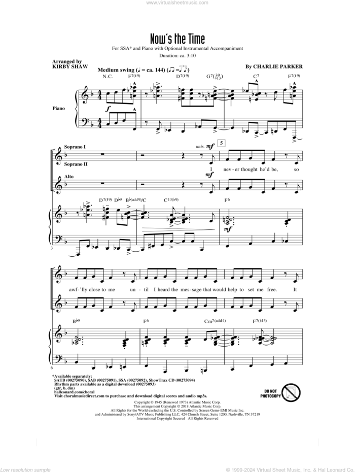 Now's The Time (arr. Kirby Shaw) sheet music for choir (SSA: soprano, alto) by Charlie Parker and Kirby Shaw, intermediate skill level