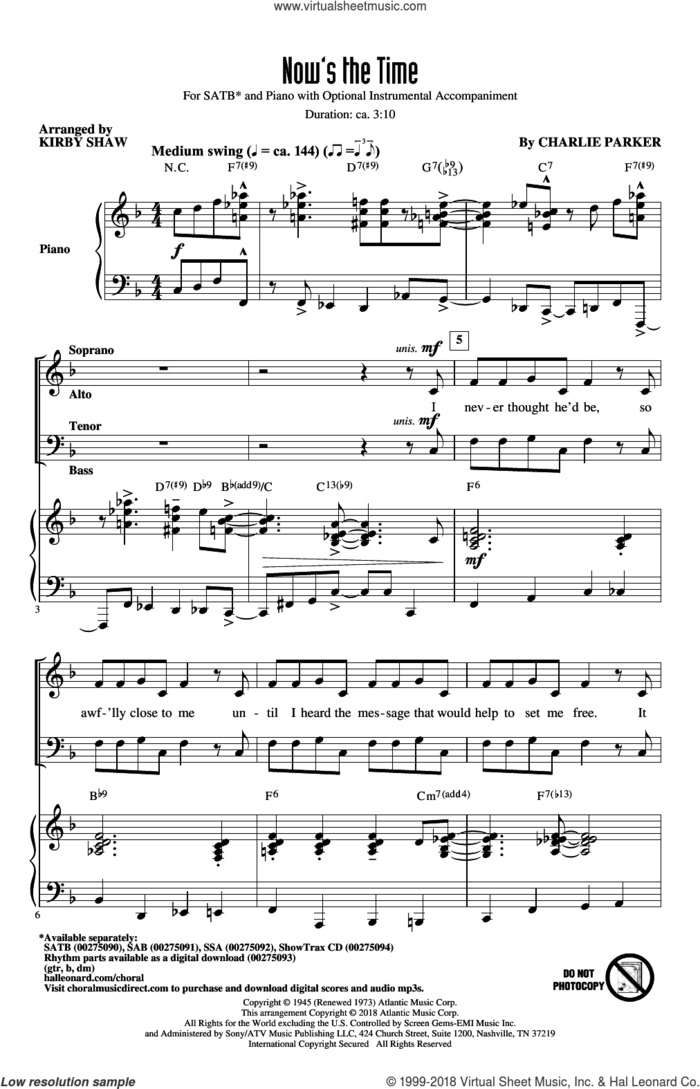 Now's The Time (arr. Kirby Shaw) sheet music for choir (SATB: soprano, alto, tenor, bass) by Charlie Parker and Kirby Shaw, intermediate skill level