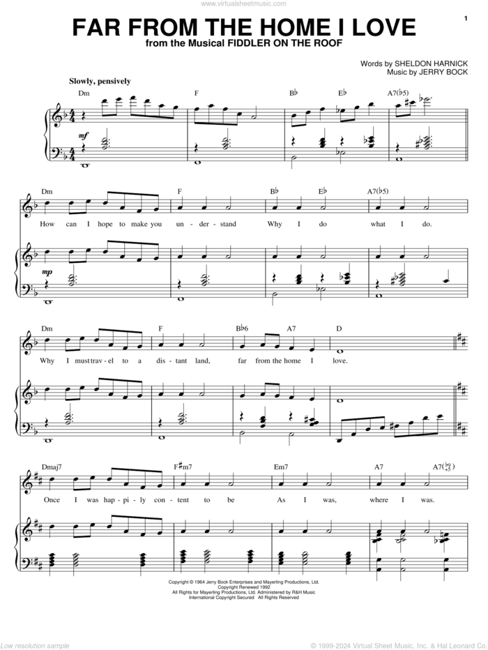 Far From The Home I Love sheet music for voice and piano by Joan Frey Boytim, Bock & Harnick, Jerry Bock and Sheldon Harnick, intermediate skill level