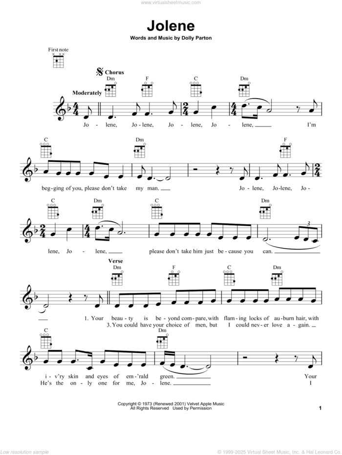 Jolene (from The Daily Ukulele) sheet music for ukulele by Dolly Parton, intermediate skill level