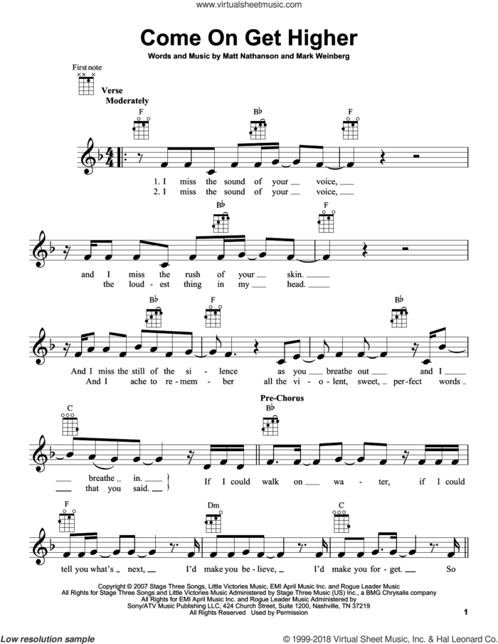 Come On Get Higher sheet music for ukulele by Matt Nathanson and Mark Weinberg, intermediate skill level