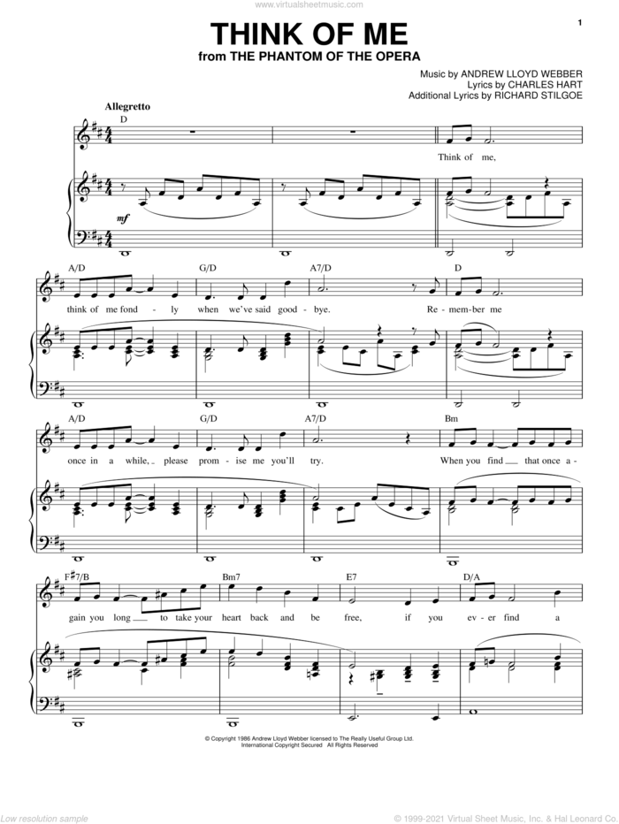 Think Of Me (from The Phantom Of The Opera) sheet music for voice and piano by Andrew Lloyd Webber, The Phantom Of The Opera (Musical), Charles Hart and Richard Stilgoe, intermediate skill level