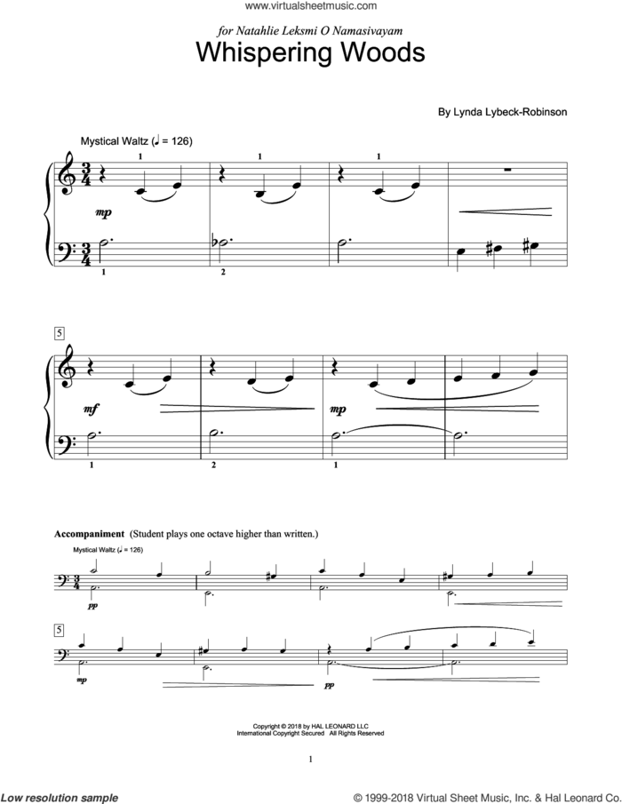 Whispering Woods sheet music for piano solo (elementary) by Lynda Lybeck-Robinson, beginner piano (elementary)
