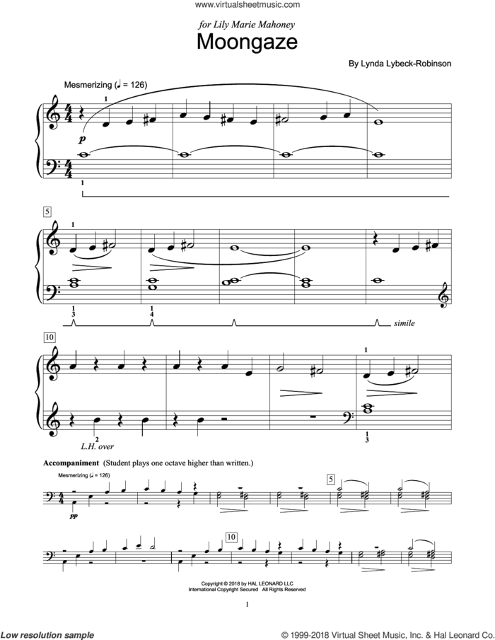 Moongaze sheet music for piano solo (elementary) by Lynda Lybeck-Robinson, beginner piano (elementary)