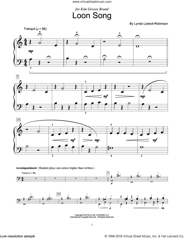 Loon Song sheet music for piano solo (elementary) by Lynda Lybeck-Robinson, beginner piano (elementary)