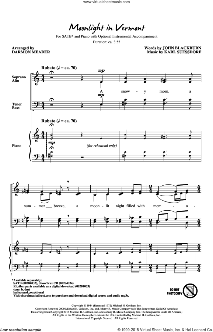 Moonlight in Vermont (arr. Darmon Meader) sheet music for choir (SATB: soprano, alto, tenor, bass) by Karl Suessdorf, Darmon Meader, John Blackburn and John Blackburn & Karl Suessdorf, intermediate skill level