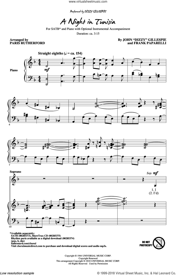 A Night In Tunisia (arr. Paris Rutherford) sheet music for choir (SATB: soprano, alto, tenor, bass) by Dizzy Gillespie, Paris Rutherford and Frank Paparelli, intermediate skill level