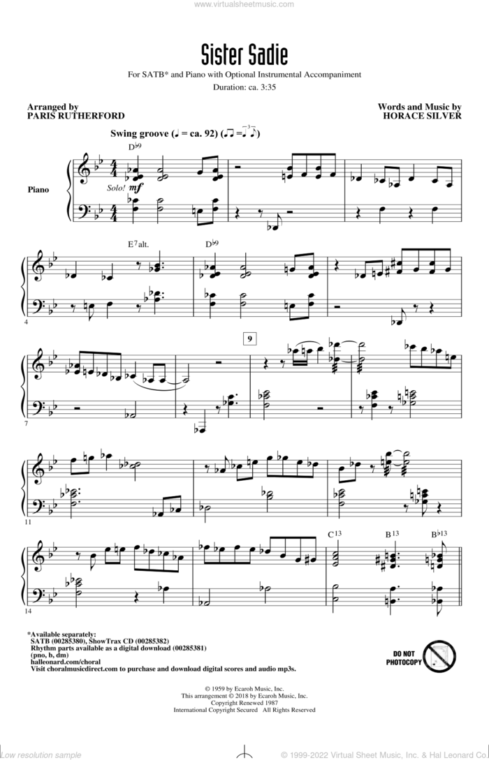 Sister Sadie (arr. Paris Rutherford) sheet music for choir (SATB: soprano, alto, tenor, bass) by Horace Silver and Paris Rutherford, intermediate skill level