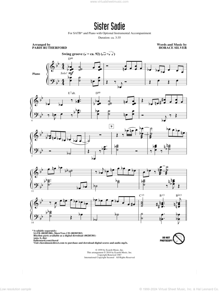 Sister Sadie (arr. Paris Rutherford) sheet music for choir (SATB: soprano, alto, tenor, bass) by Horace Silver and Paris Rutherford, intermediate skill level