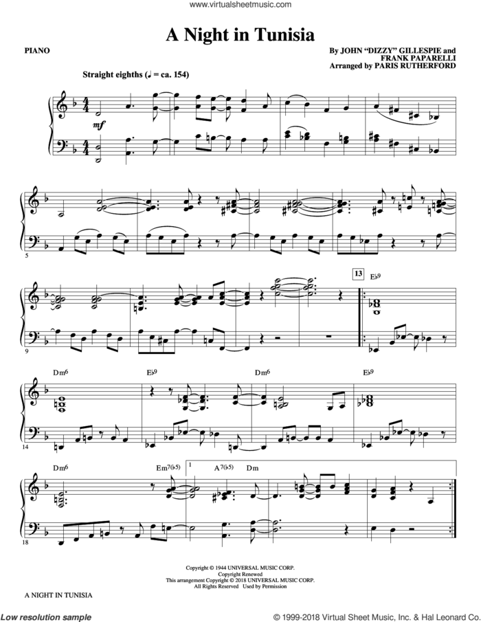 A Night in Tunisia (arr. Paris Rutherford) (complete set of parts) sheet music for orchestra/band by Paris Rutherford, Dizzy Gillespie and Frank Paparelli, intermediate skill level