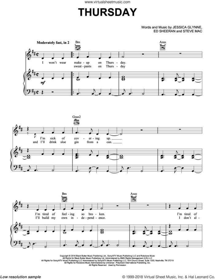 Thursday sheet music for voice, piano or guitar by Jess Glynne, Ed Sheeran, Jessica Glynne and Steve Mac, intermediate skill level