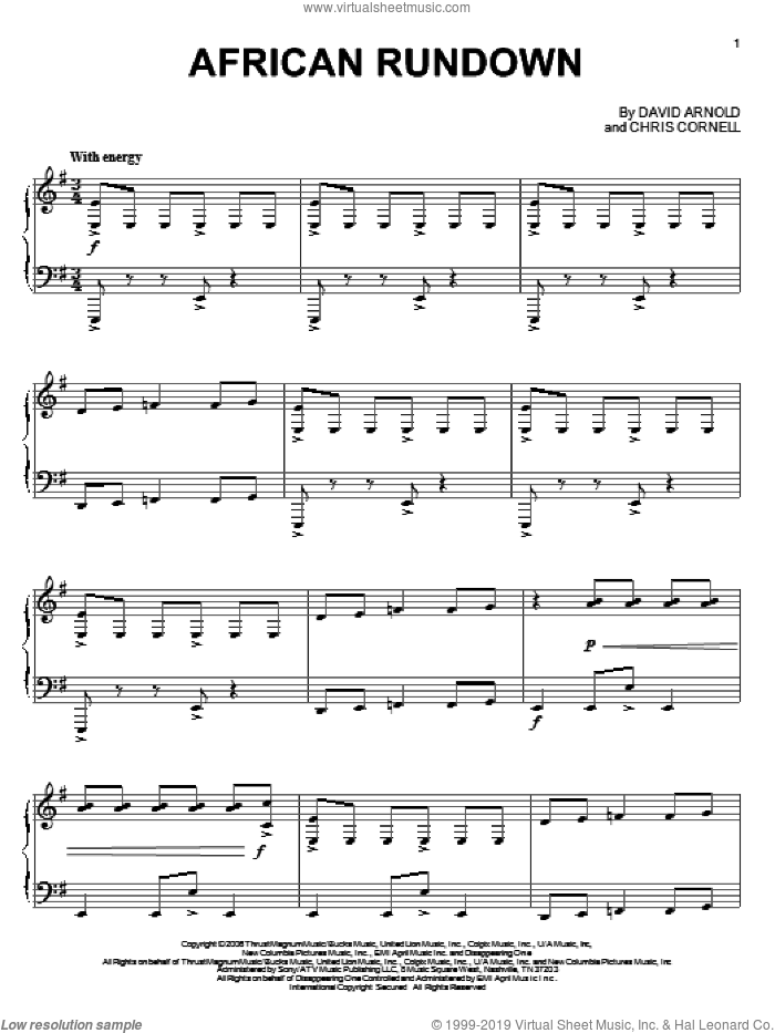 African Rundown sheet music for piano solo by David Arnold, Casino Royale (Movie) and Chris Cornell, intermediate skill level