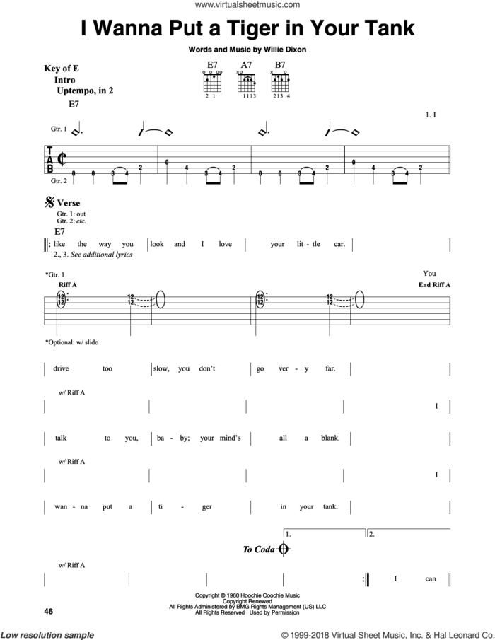 I Wanna Put A Tiger In Your Tank sheet music for guitar solo (lead sheet) by Willie Dixon, intermediate guitar (lead sheet)