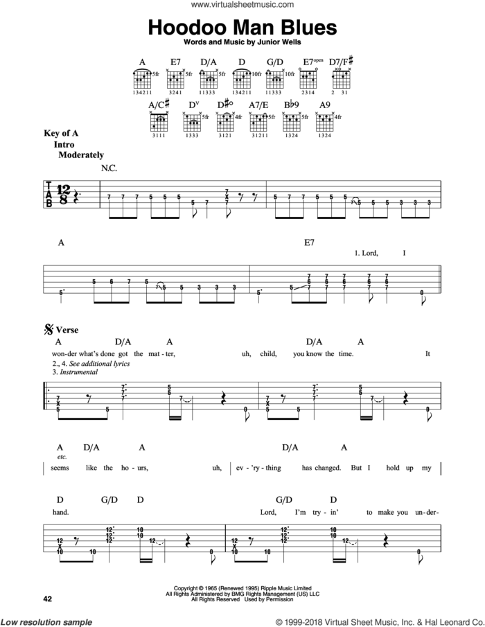 Hoodoo Man Blues sheet music for guitar solo (lead sheet) by Junior Wells, Buddy Guy and Eric Clapton, intermediate guitar (lead sheet)