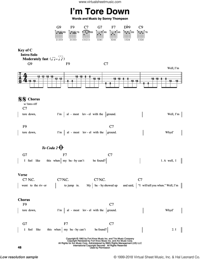 I'm Tore Down sheet music for guitar solo (lead sheet) by Eric Clapton, Freddie King and Sonny Thompson, intermediate guitar (lead sheet)
