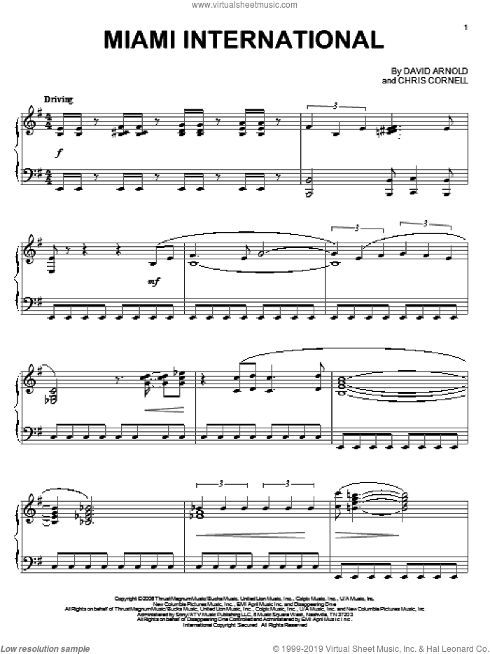 Miami International sheet music for piano solo by David Arnold, Casino Royale (Movie) and Chris Cornell, intermediate skill level