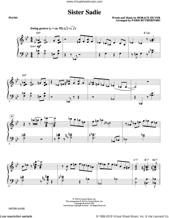 Sister Sadie (arr. Paris Rutherford) (complete set of parts) sheet music for orchestra/band by Paris Rutherford and Horace Silver, intermediate skill level