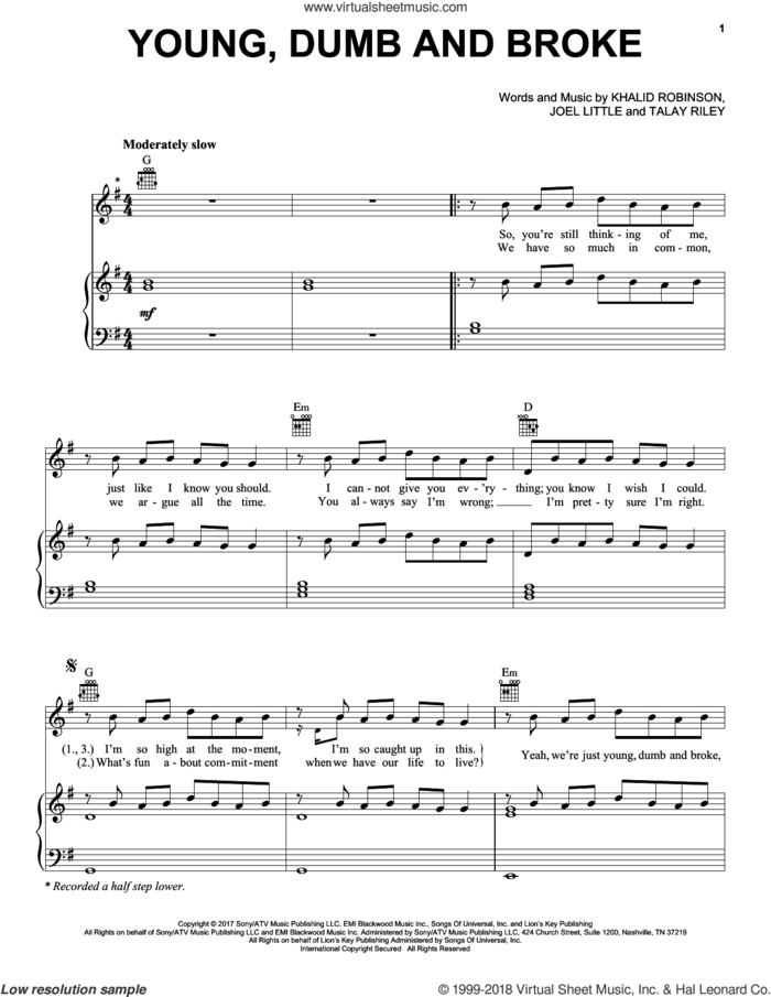 Young, Dumb And Broke sheet music for voice, piano or guitar by Khalid, Joel Little, Khalid Robinson and Talay Riley, intermediate skill level
