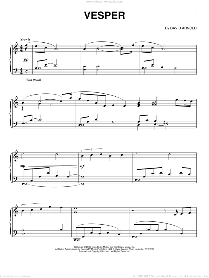 Vesper, (intermediate) sheet music for piano solo by David Arnold and Casino Royale (Movie), intermediate skill level