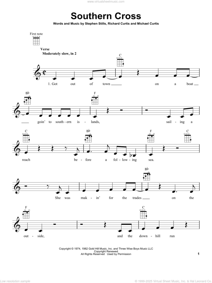 Southern Cross sheet music for ukulele by Crosby, Stills & Nash, Michael Curtis, Richard Curtis and Stephen Stills, intermediate skill level