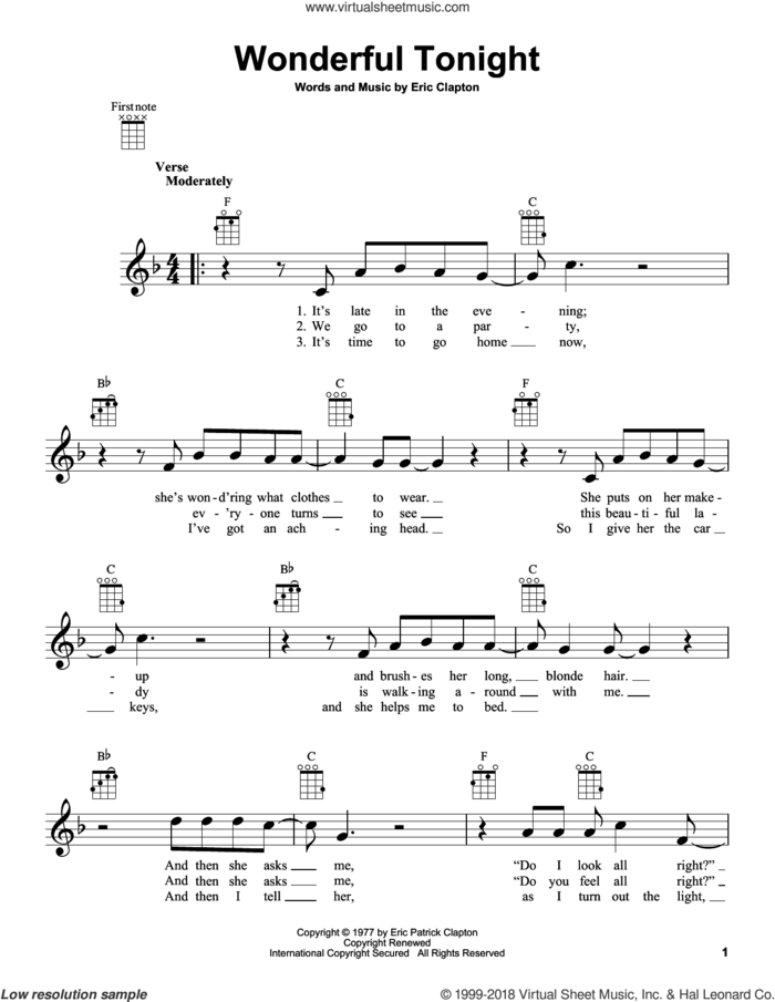 Wonderful Tonight sheet music for ukulele by Eric Clapton, wedding score, intermediate skill level