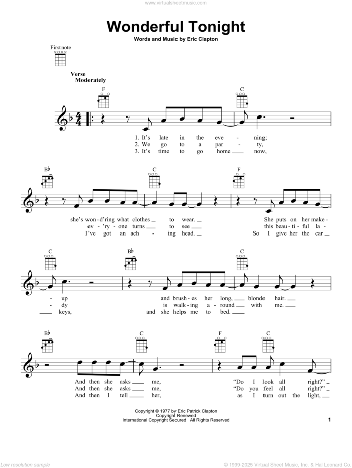 Wonderful Tonight sheet music for ukulele by Eric Clapton, wedding score, intermediate skill level