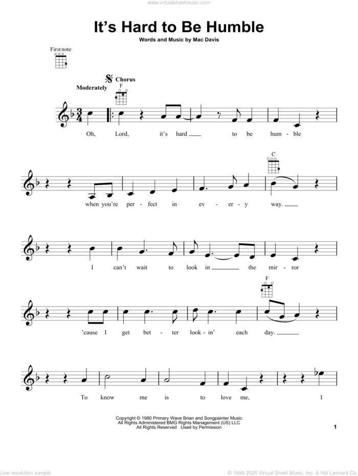 It's Hard To Be Humble sheet music for ukulele by Mac Davis, intermediate skill level