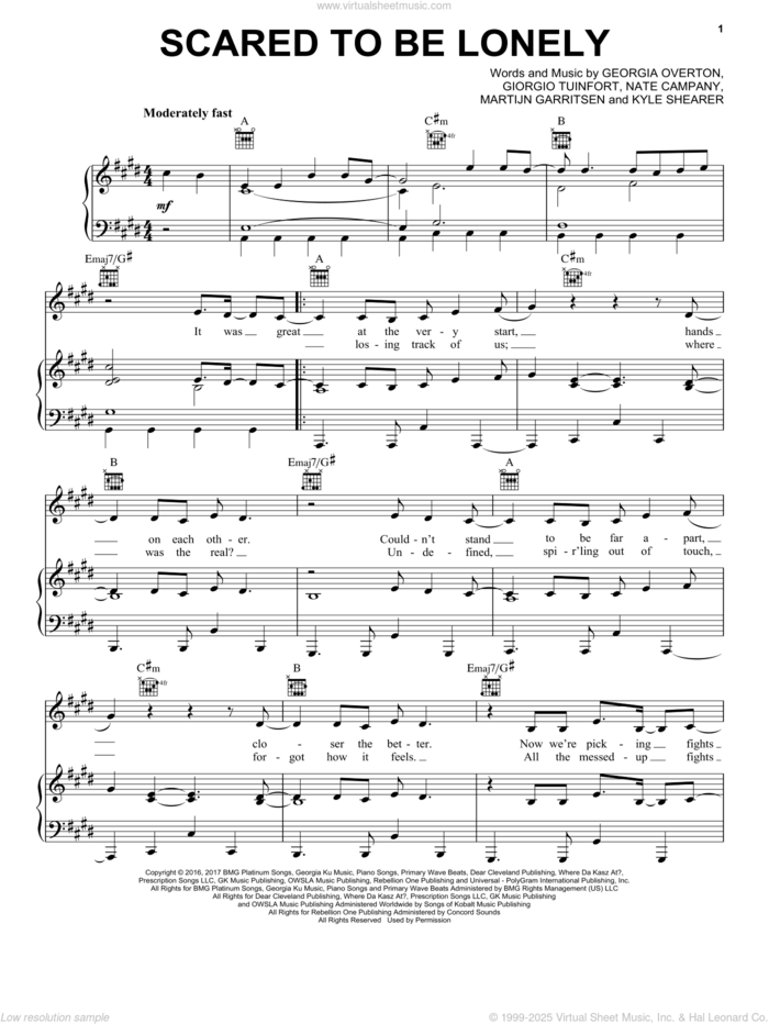 Scared To Be Lonely sheet music for voice, piano or guitar by Martin Garrix & Dua Lipa, Georgia Overton, Giorgio Tuinfort, Kyle Shearer, Martijn Garritsen and Nate Campany, intermediate skill level