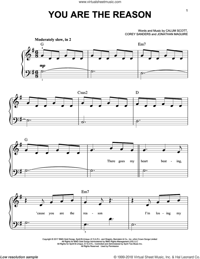 You Are The Reason, (easy) sheet music for piano solo by Calum Scott, Corey Sanders and Jon Maguire, wedding score, easy skill level