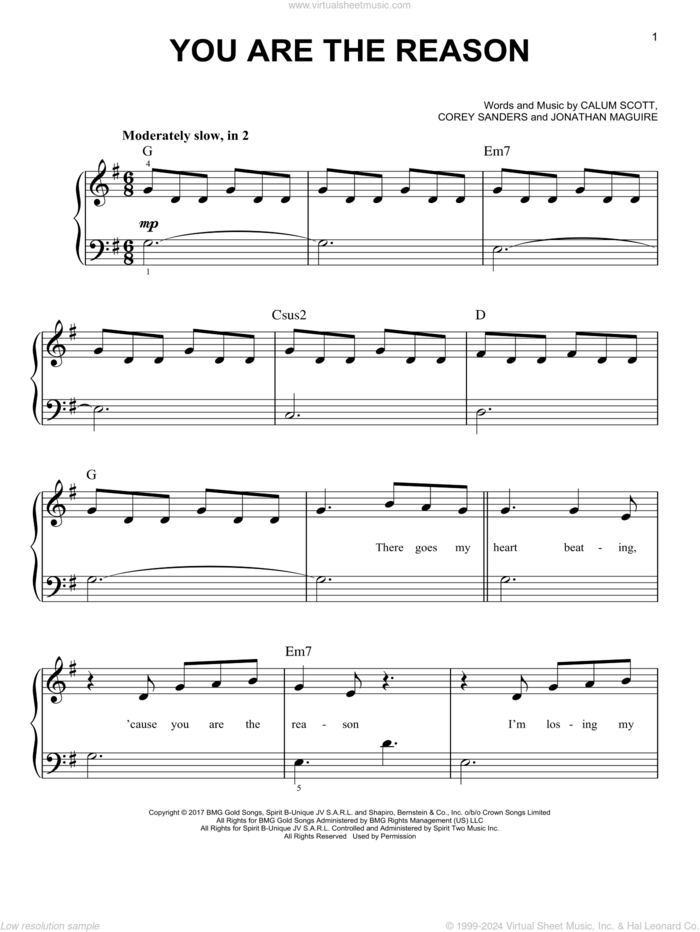 You Are The Reason, (easy) sheet music for piano solo by Calum Scott, Corey Sanders and Jon Maguire, wedding score, easy skill level