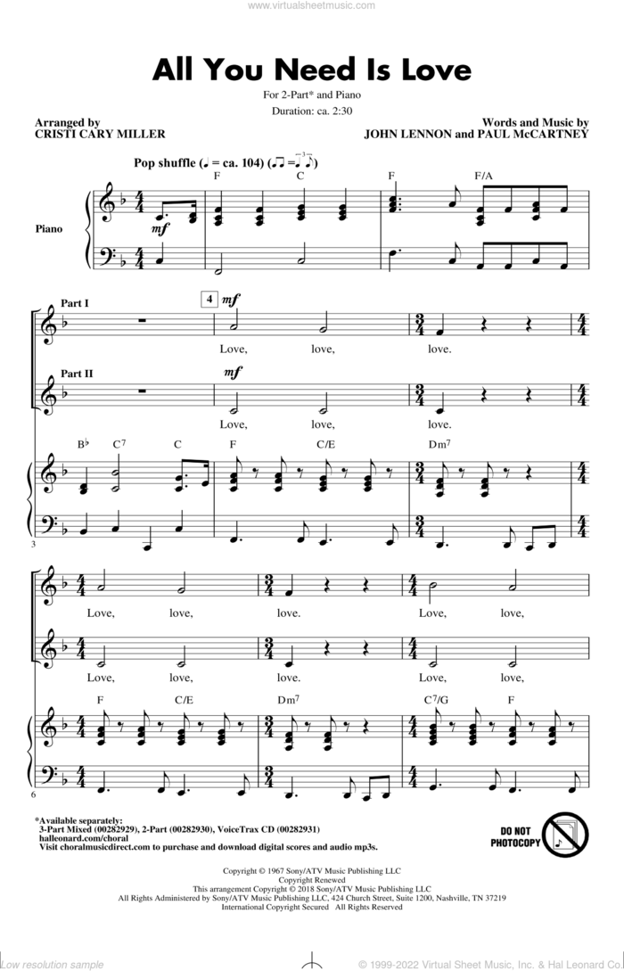 All You Need Is Love (arr. Cristi Cari Miller) sheet music for choir (2-Part) by The Beatles, Cristi Cary Miller, John Lennon and Paul McCartney, intermediate duet