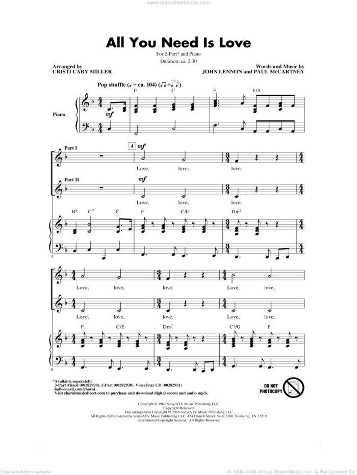 All You Need Is Love (arr. Cristi Cari Miller) sheet music for choir (2-Part) by The Beatles, Cristi Cary Miller, John Lennon and Paul McCartney, intermediate duet