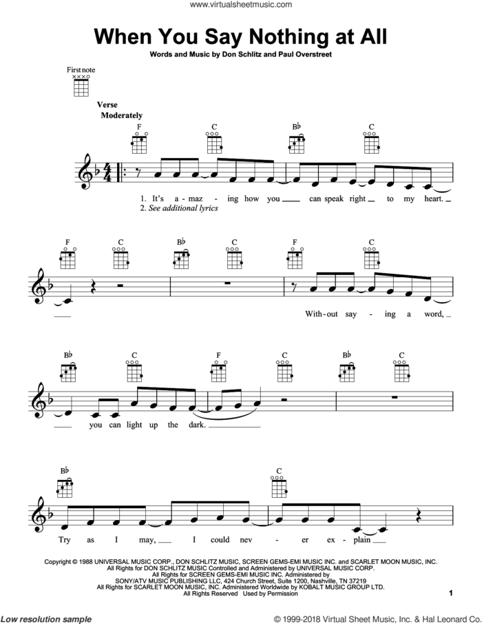 When You Say Nothing At All sheet music for ukulele by Alison Krauss & Union Station, Keith Whitley, Don Schlitz and Paul Overstreet, intermediate skill level