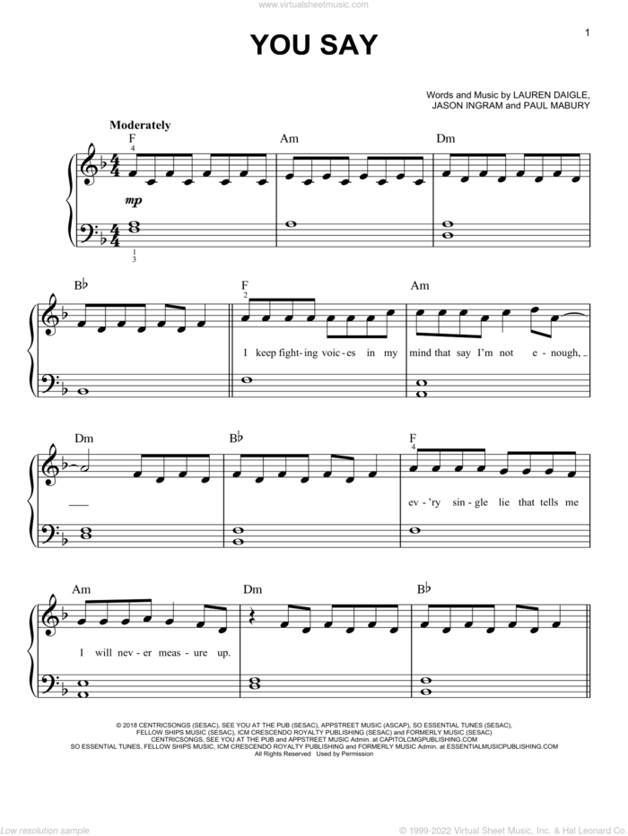 You Say, (easy) sheet music for piano solo by Lauren Daigle, Jason Ingram and Paul Mabury, easy skill level