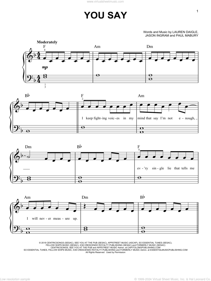 You Say, (easy) sheet music for piano solo by Lauren Daigle, Jason Ingram and Paul Mabury, easy skill level