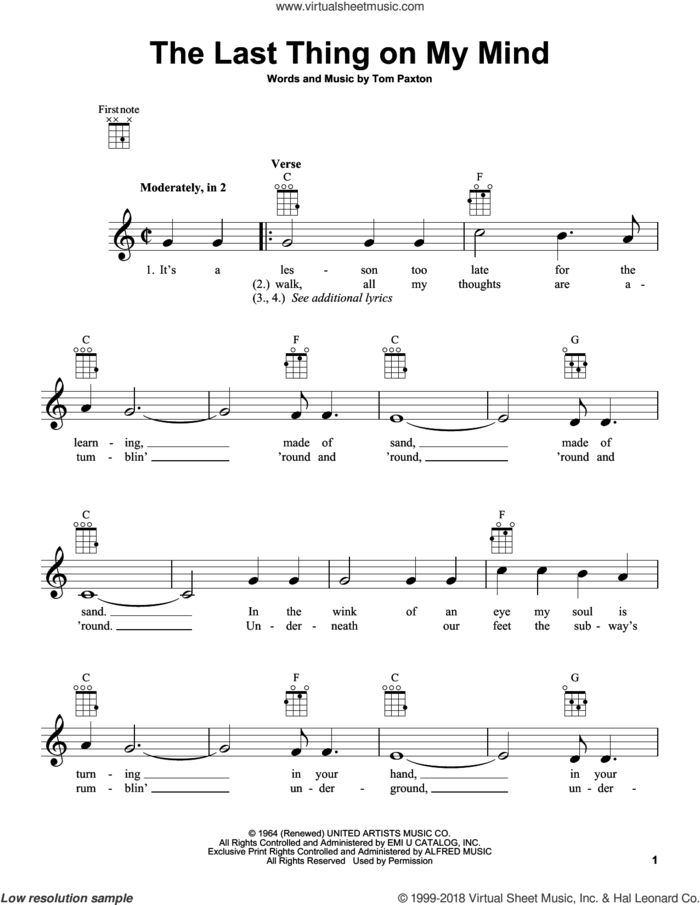 The Last Thing On My Mind sheet music for ukulele by Tom Paxton, intermediate skill level