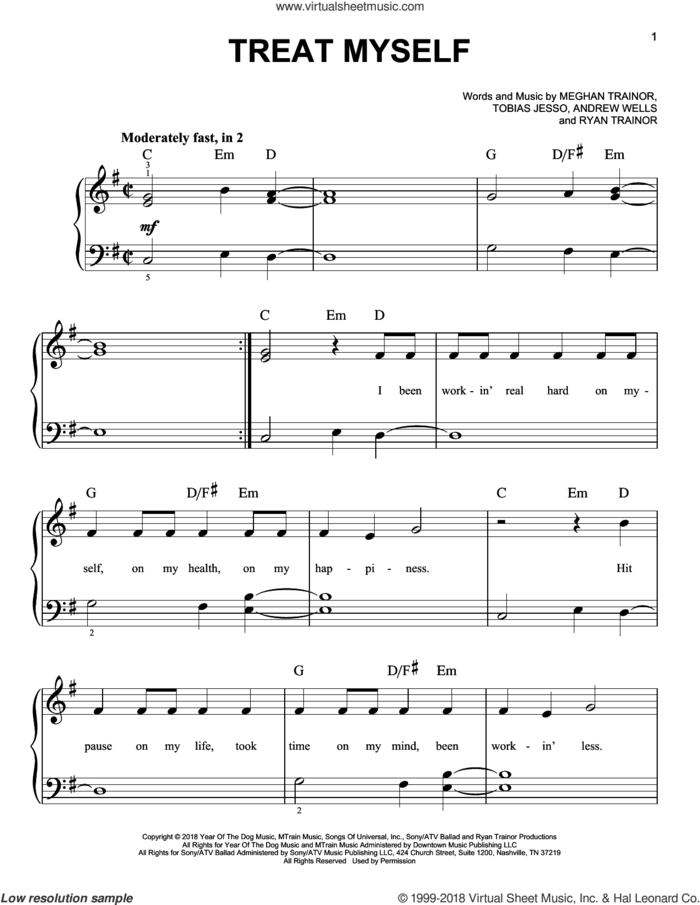 Treat Myself sheet music for piano solo by Meghan Trainor, Andrew Wells, Ryan Trainor and Tobias Jesso, easy skill level