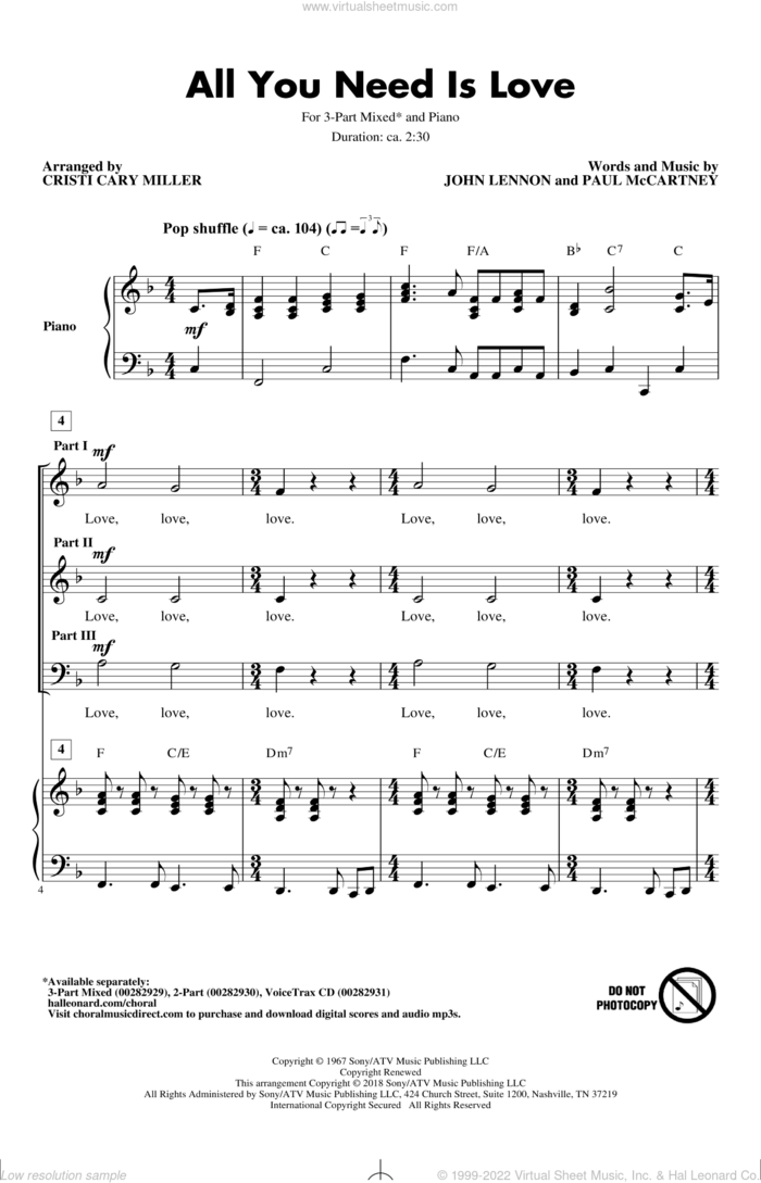 All You Need Is Love (arr. Cristi Cari Miller) sheet music for choir (3-Part Mixed) by The Beatles, Cristi Cary Miller, John Lennon and Paul McCartney, intermediate skill level