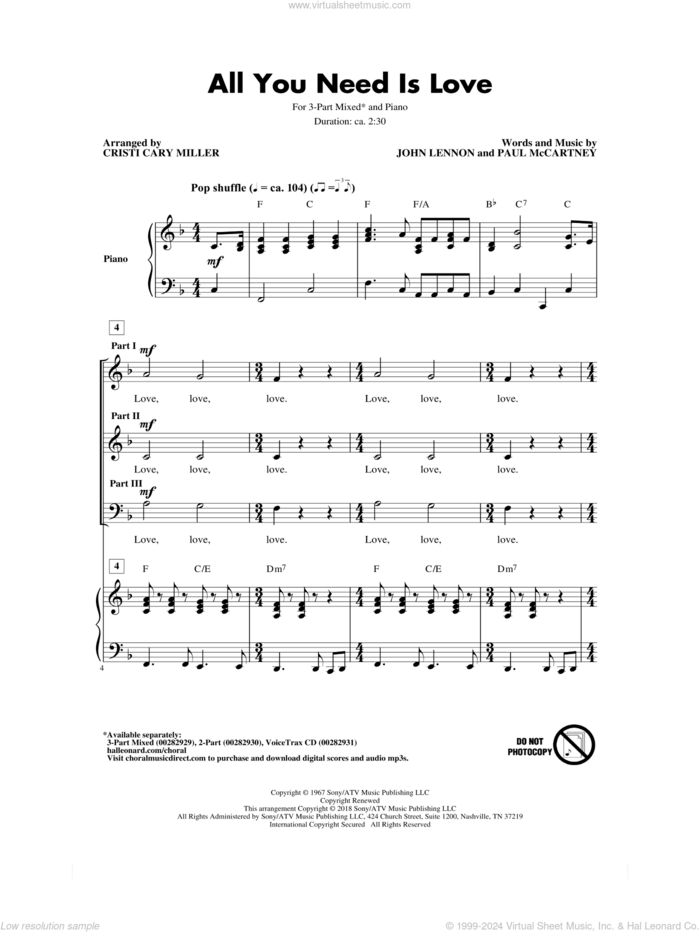 All You Need Is Love (arr. Cristi Cari Miller) sheet music for choir (3-Part Mixed) by The Beatles, Cristi Cary Miller, John Lennon and Paul McCartney, intermediate skill level