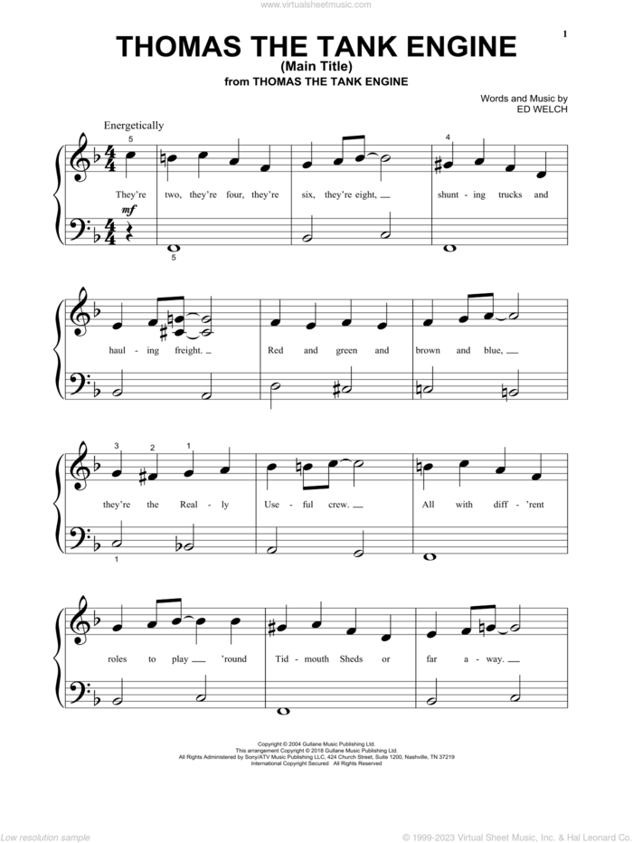 Thomas The Tank Engine (Main Title), (beginner) sheet music for piano solo by Ed Welch, beginner skill level