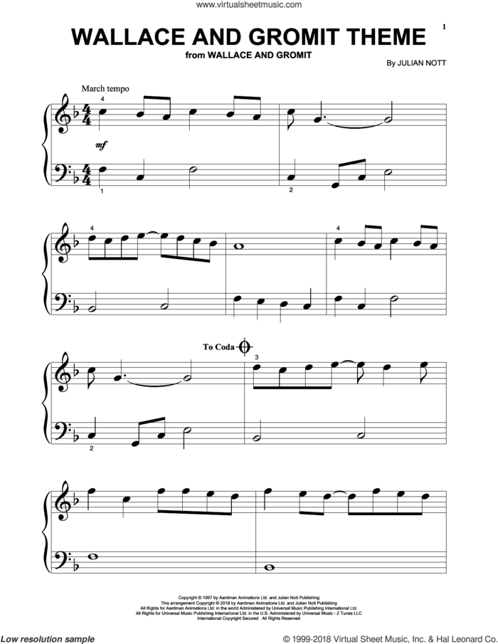 Wallace And Gromit Theme, (beginner) sheet music for piano solo by Julian Nott, beginner skill level