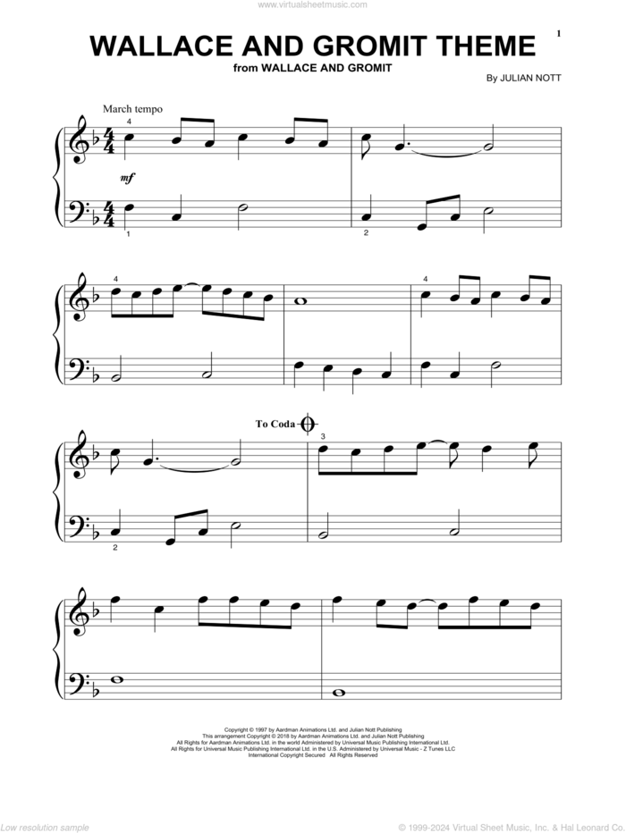 Wallace And Gromit Theme, (beginner) sheet music for piano solo by Julian Nott, beginner skill level