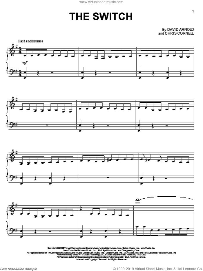 The Switch sheet music for piano solo by David Arnold, Casino Royale (Movie) and Chris Cornell, intermediate skill level